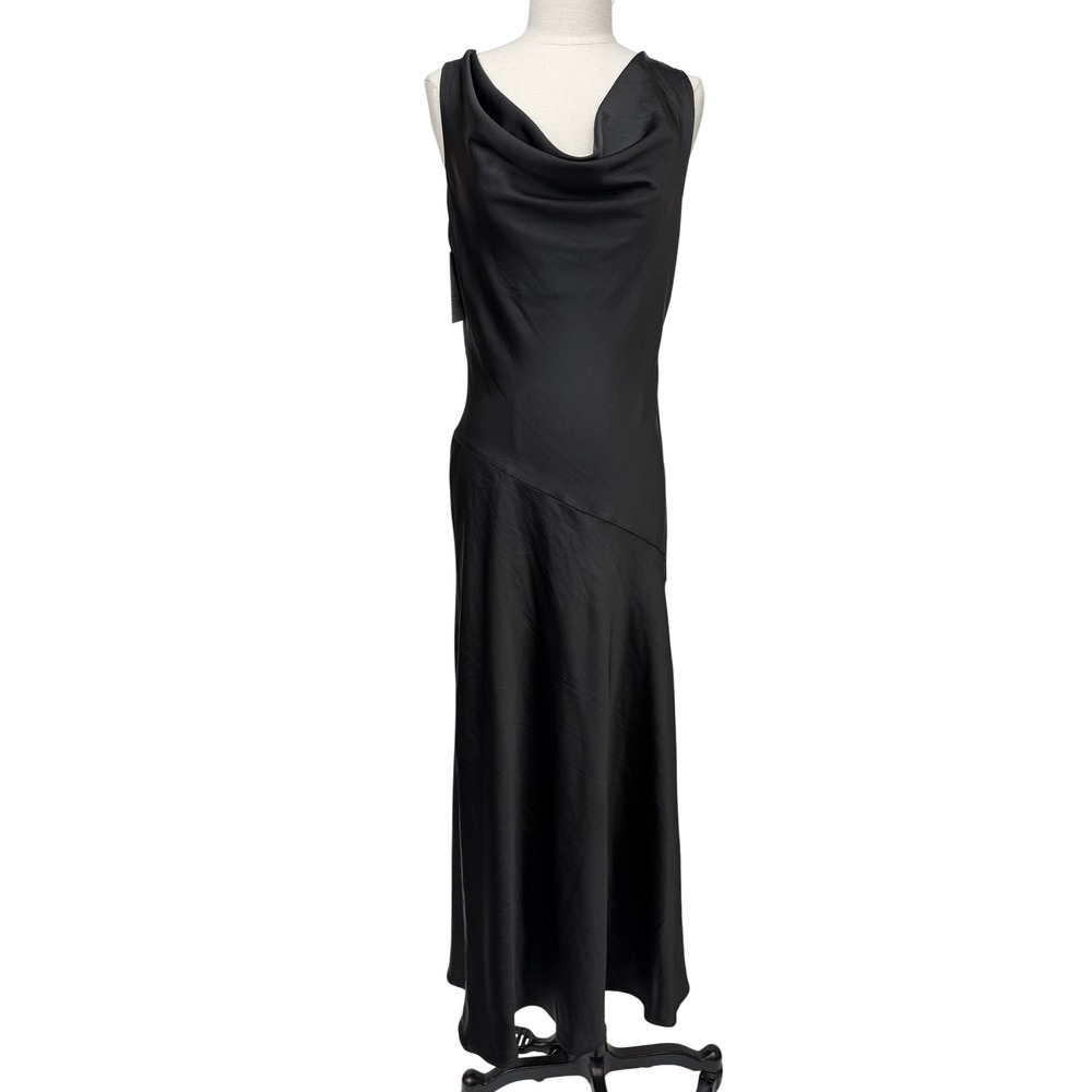 Kou Nai Black Cowl Neck Open Back Satin Maxi‎ Slip Dress Size L NEW